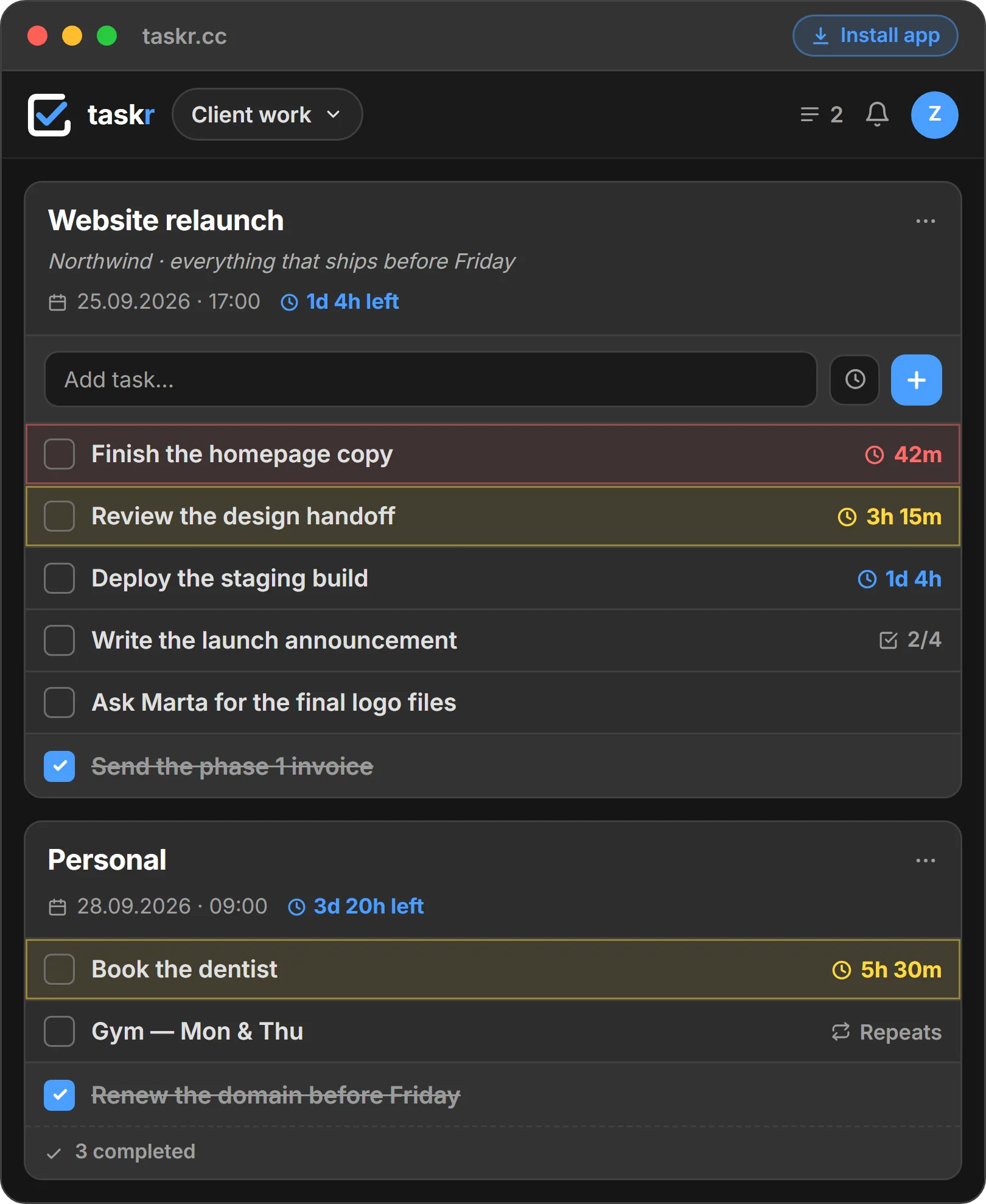 The Taskr board: the “Website relaunch” list with six tasks — Finish the homepage copy counting down 42 minutes and Review the design handoff counting down 3 hours 15 minutes are flagged red and orange, one task is ticked off, another carries 2 of 4 subtasks — above a Personal list with a dentist appointment and a recurring gym task.